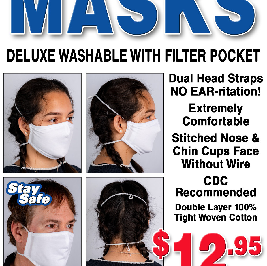 1 Dozen DELUXE Washable Face Masks – Double Head Straps (NO Ear Pain) Pocket