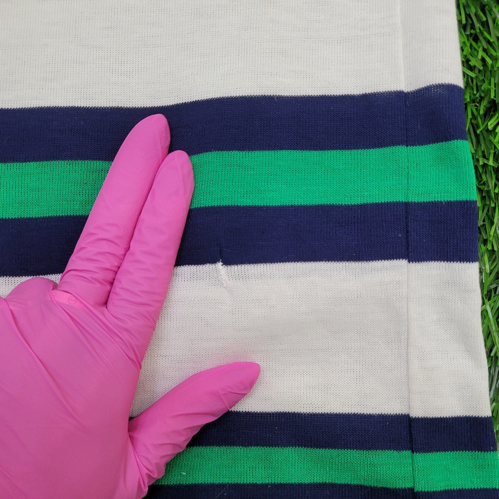 Vintage 90s MOD Polo Shirt Large 21×26 Green White Blue Stripes