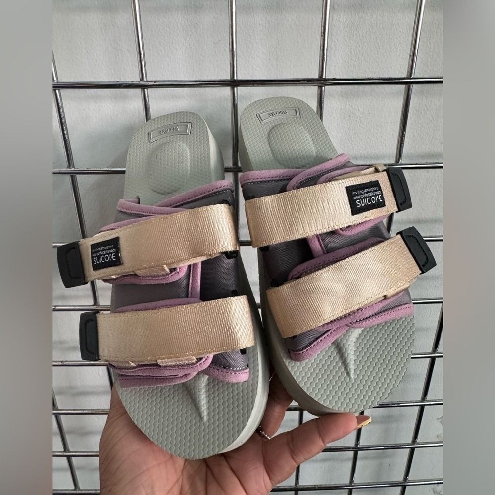 Suicoke MOTO-VPO Platform Sandals Beige Purple Womens Size 7 Vibram Sole