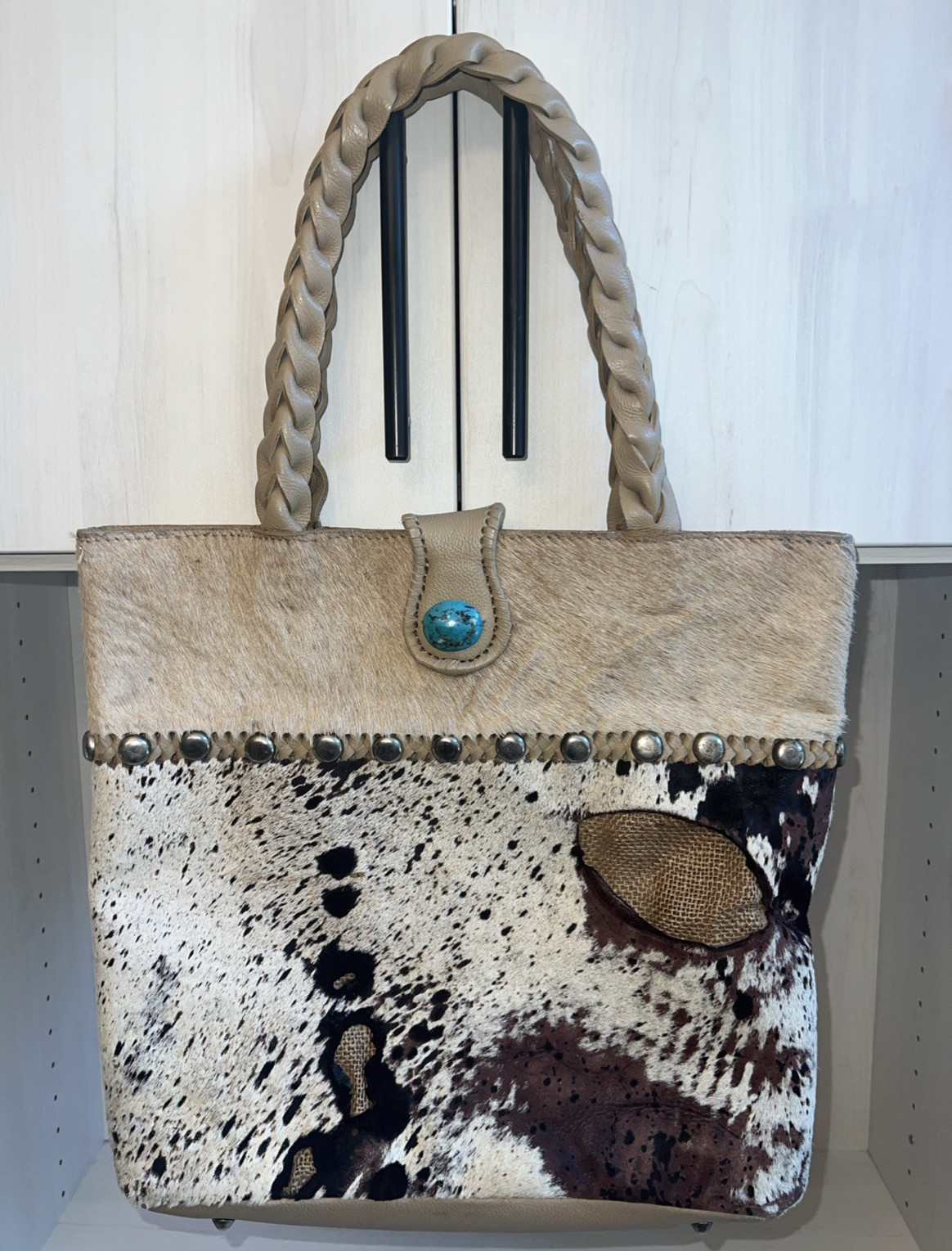 Paige Wallace Designs Acid Washed Cowhide Cafe Tote w/Turquoise Stone NWOT