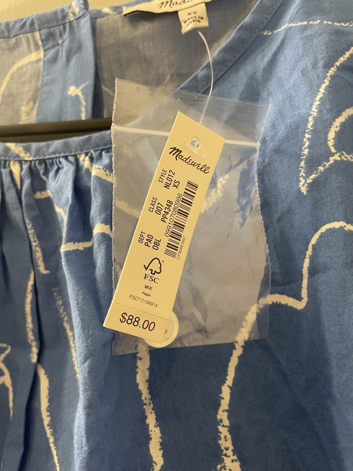 NWT Madewell XS Embroidered Poplin Puff-Sleeve Cutout Crop Top Blue Floral