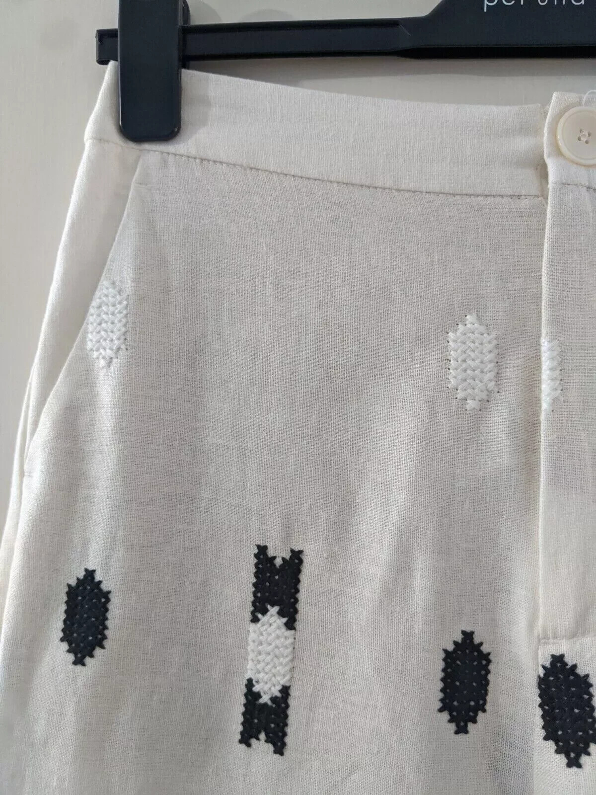Zara White and Green Linen Blend Embroidered Trousers Size S RRP £49.99