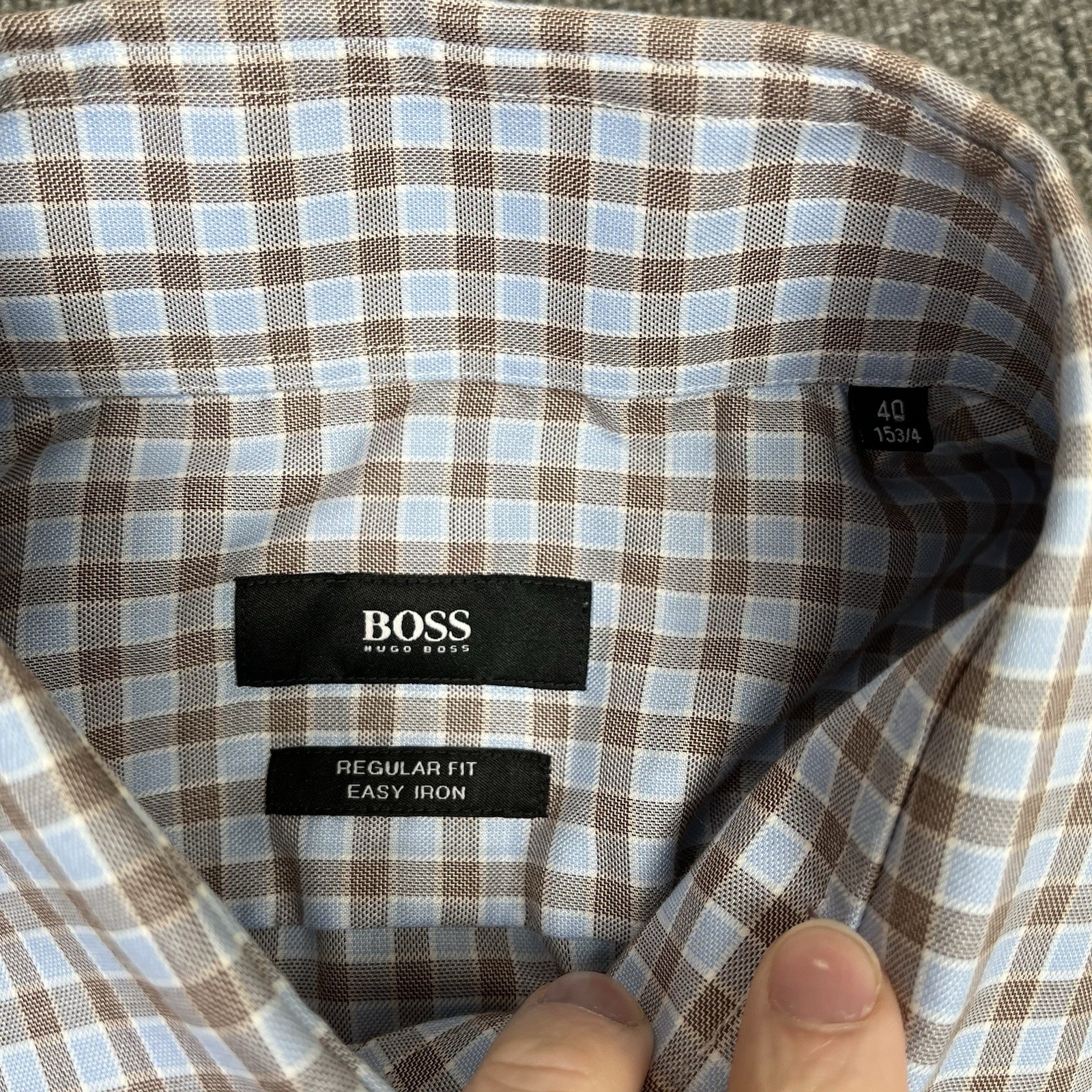 Hugo Boss Shirt Mens 40 Blue Check Gerald Regular Fit Barrel Cuff Easy Iron