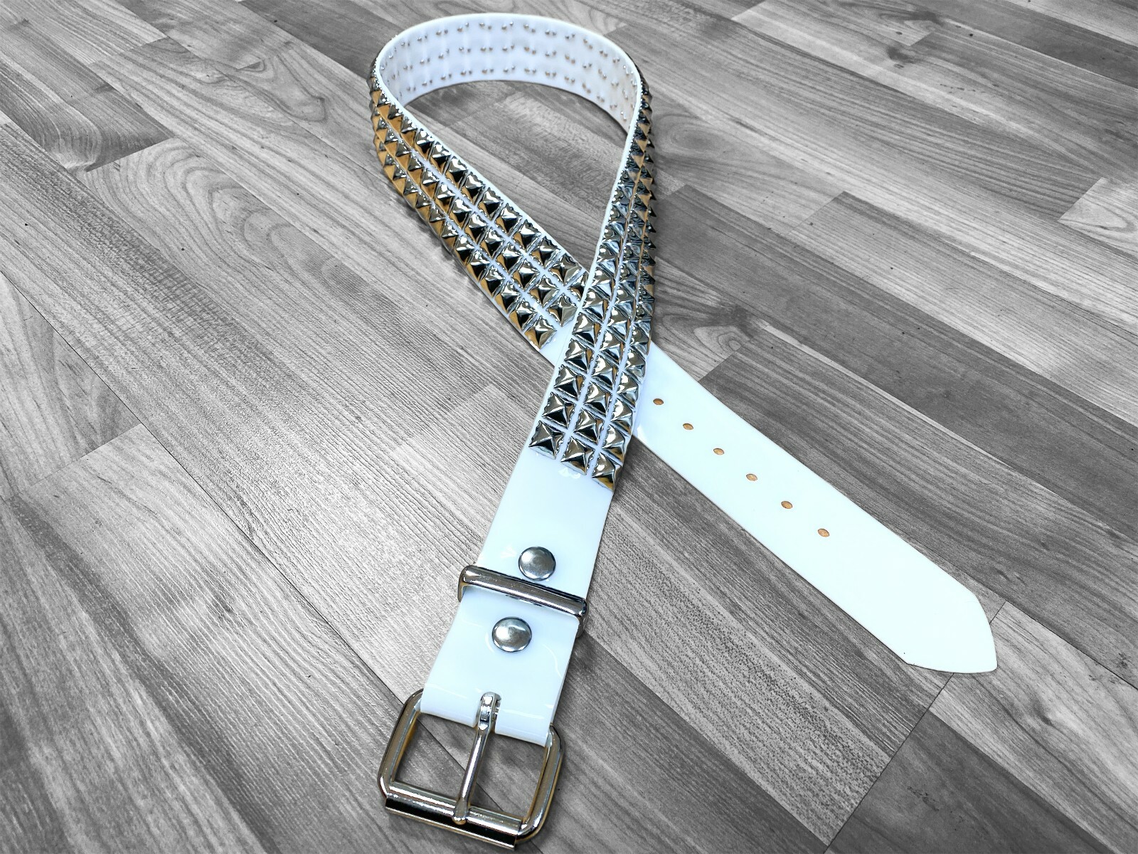 White Vinyl PVC Three Row Silver Pyramid Stud Belt Punk Goth Metal Funk Plus