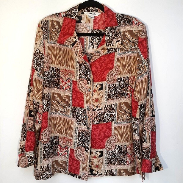 ALIA Blouse Women’s 16 EUC Animal Print Shoulder Pads Long Sleeve Top Paisley