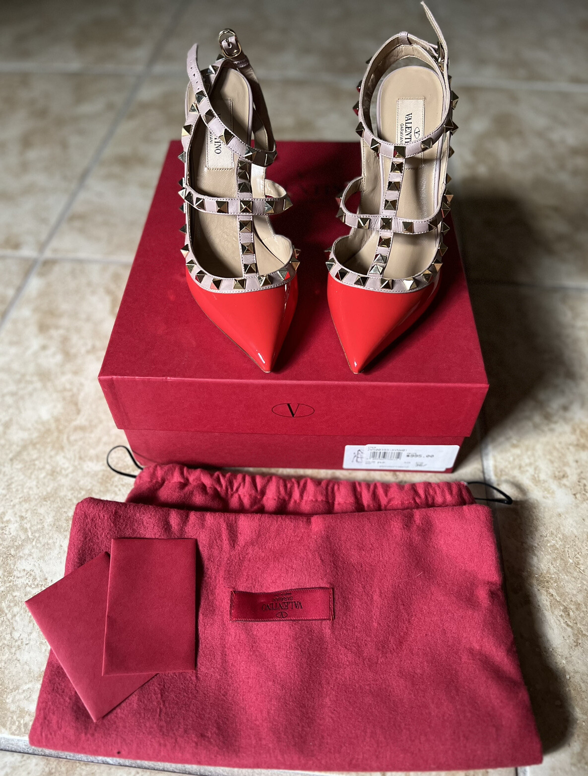 Valentino Studded Ankle Strap Stiletto Pointed Toe Leather Heels Red 36.5