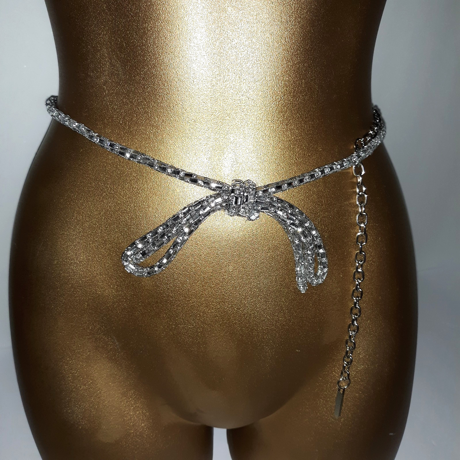 Vtg H By Halston Crystal Belt Sz L W/Bow Adj Clip Chain Clear Stones Slvr Fabric