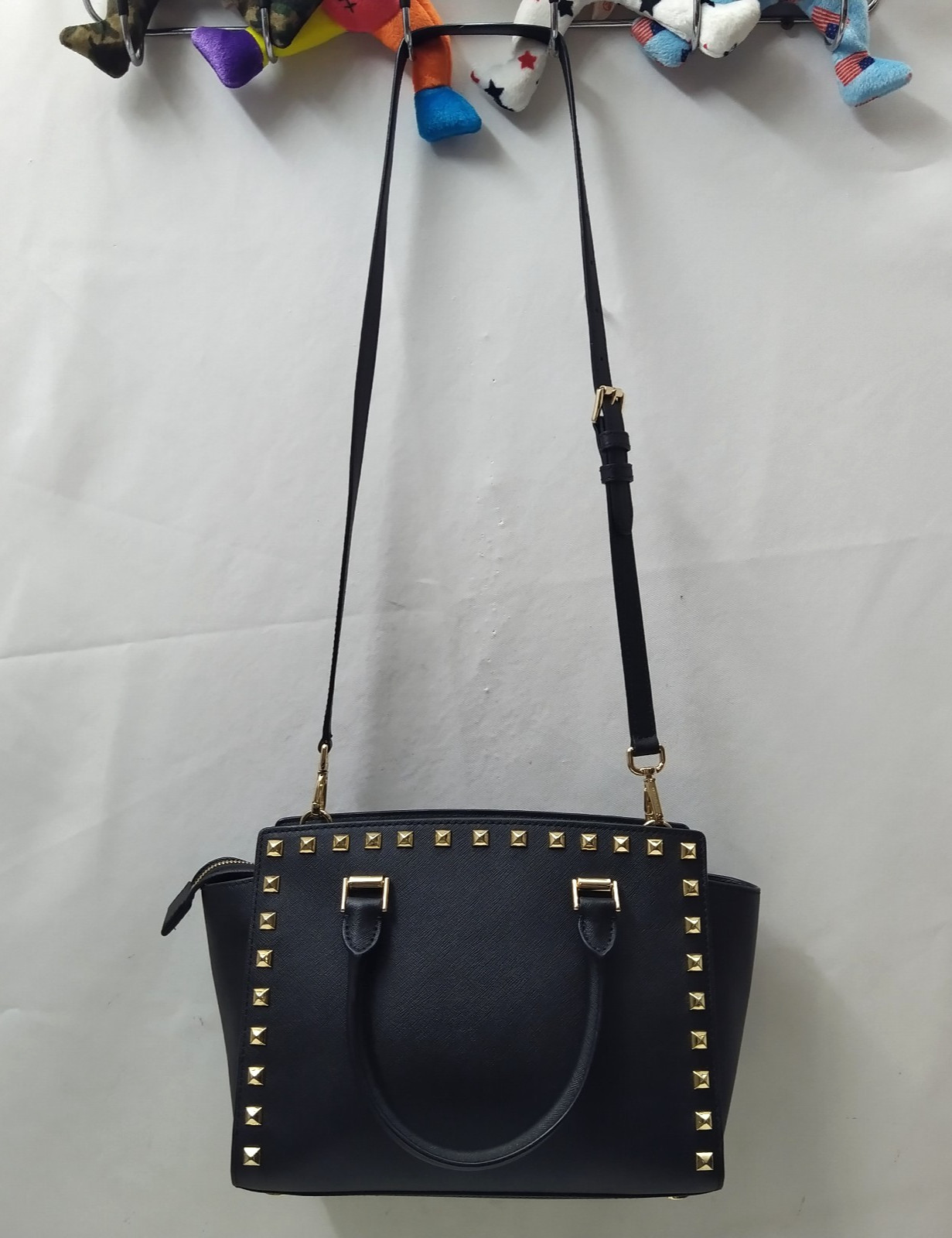 Michael Kors Black Leather Studded Double Handles Satchel Bag
