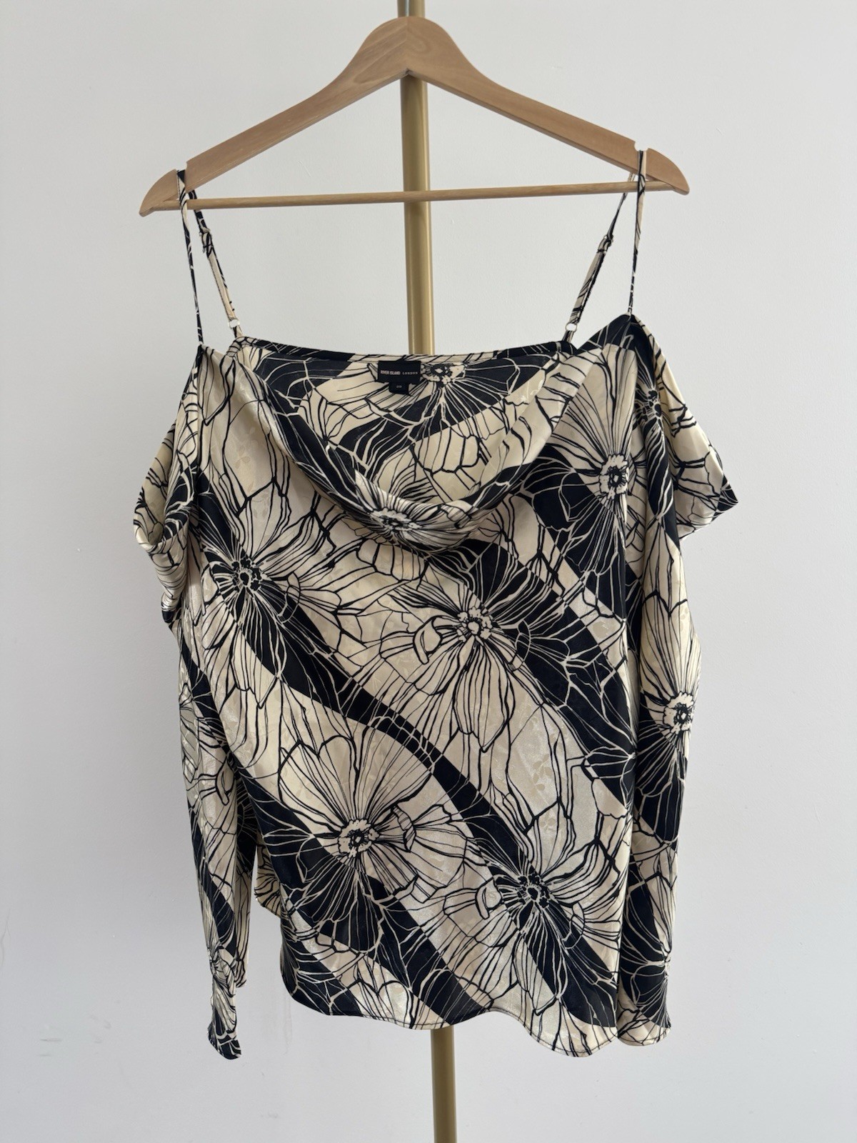 UK 20 River Island Floral Cream Satin Cold Shoulder Long Sleeve Cowl Neck Top