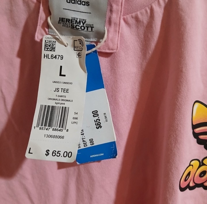 adidas Originals Jeremy Scott JS Tee Pink Graphic Logo T-Shirt Size L