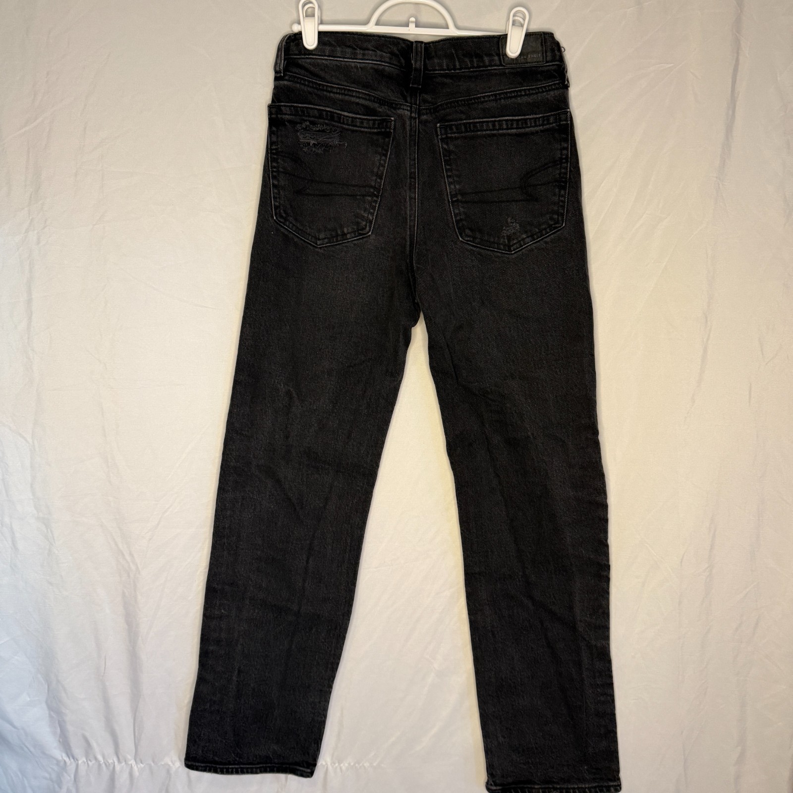 American Eagle Jeans Sz 2 Black Womens Stovepipe Baggy Denim Stretch Fray Hem