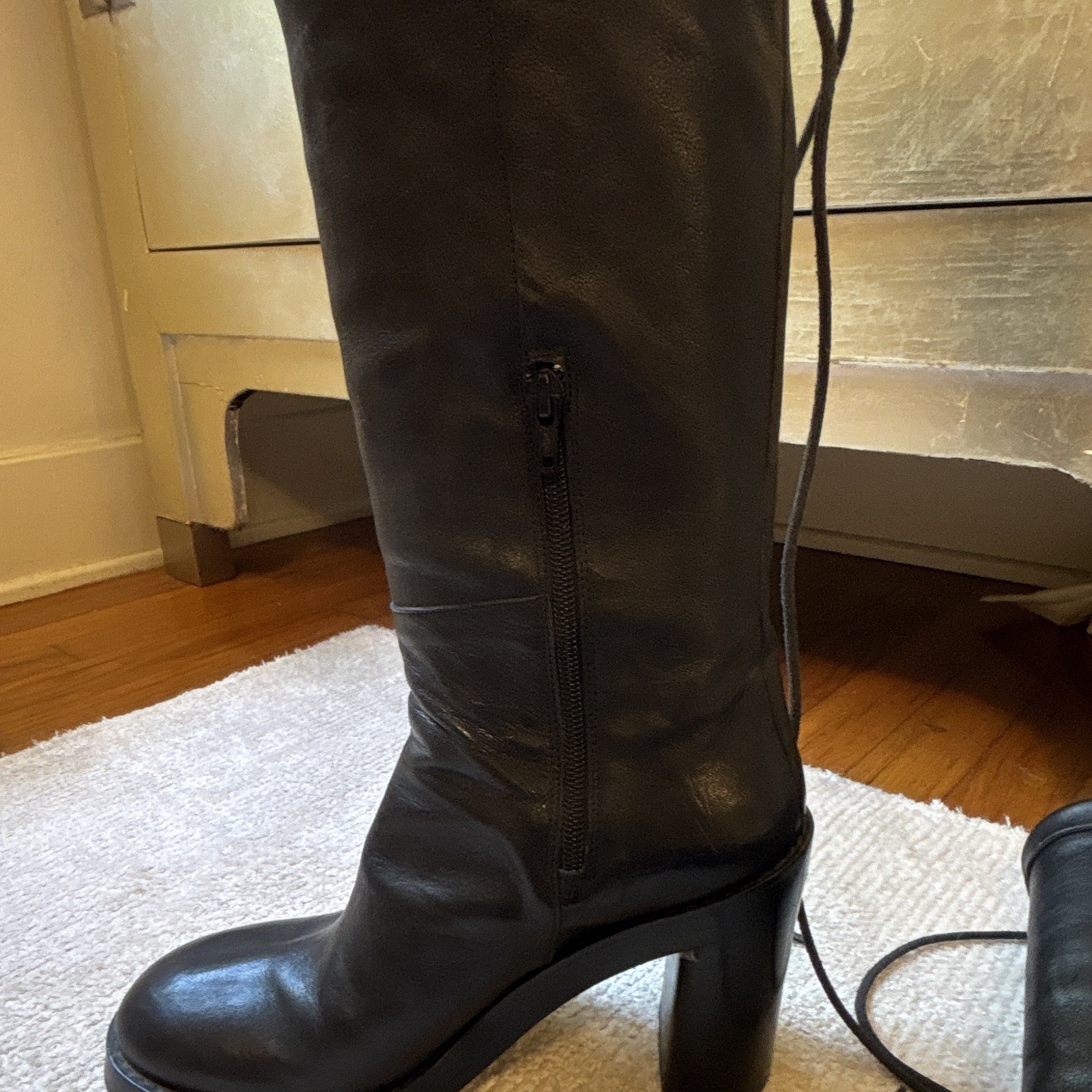 Ann Demeulemeester Women’s Black Leather Knee High Boots Lace-Up Zipper 9