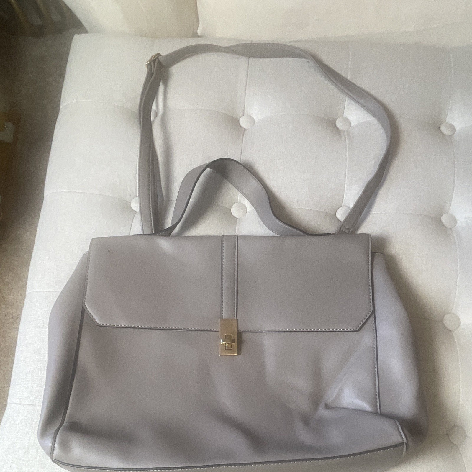 Gray Solid Rectangle Shoulder Bag Turn Lock Flap Buckle Accent Gold Hardware