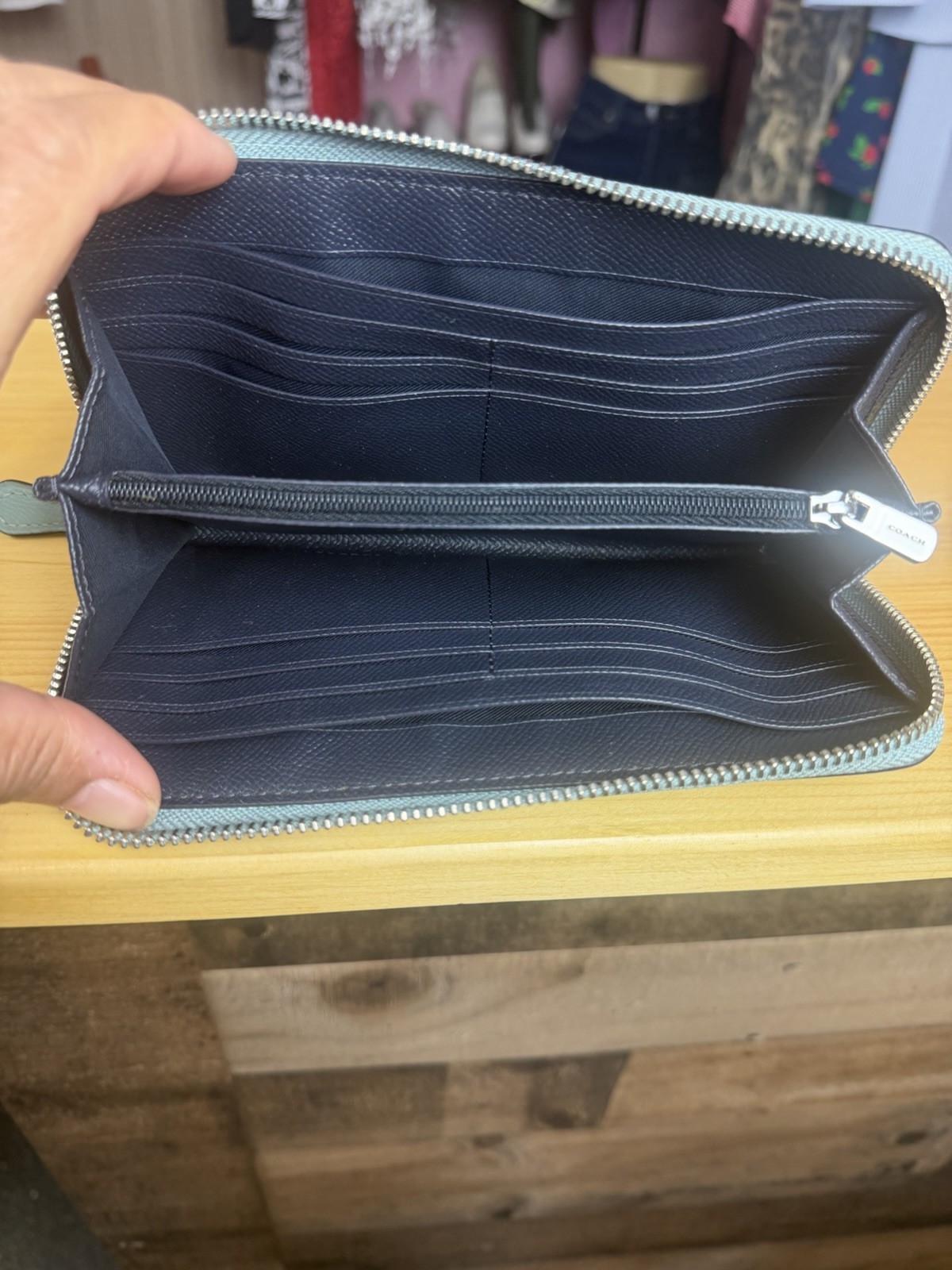 Authentic Coach Light Blue Crossgrain Leather Zip Around Wallet
