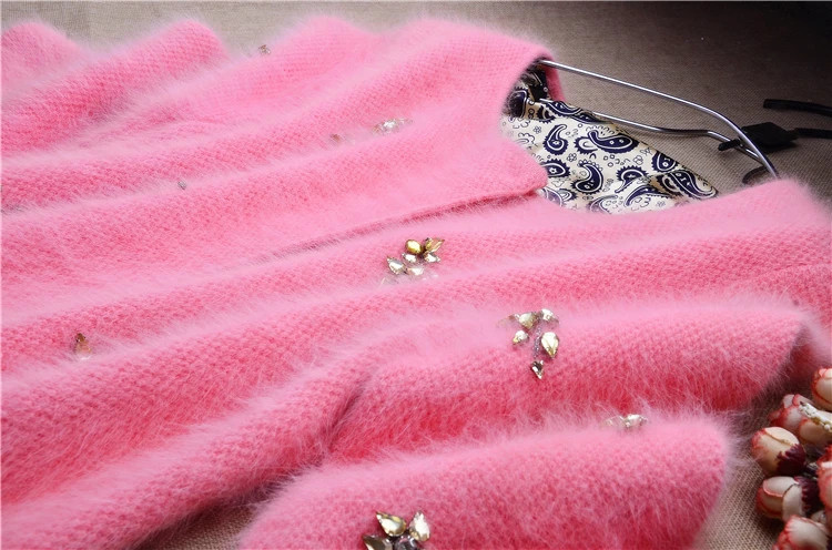 Women Thick Beading Angora Rabbit Fur Half Sleeves Slim Cardigans Sweater Coat
