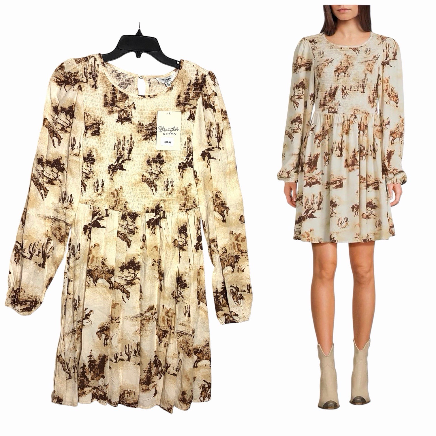 NWT Wrangler Retro Western Printed Long Sleeve Smocked Fit Flare Dress Junior M