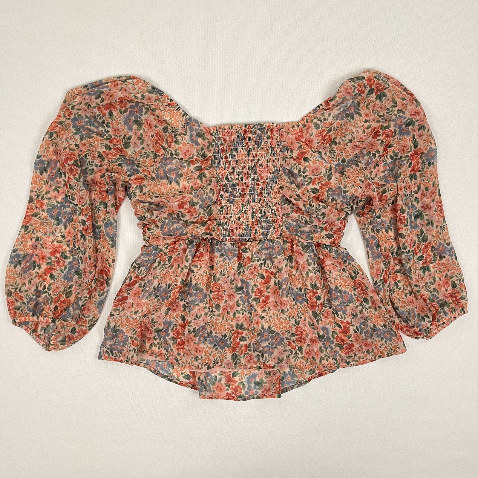 American Eagle Blouse Womens S Multi Floral Chiffon Ruched Babydoll Peasant Boho