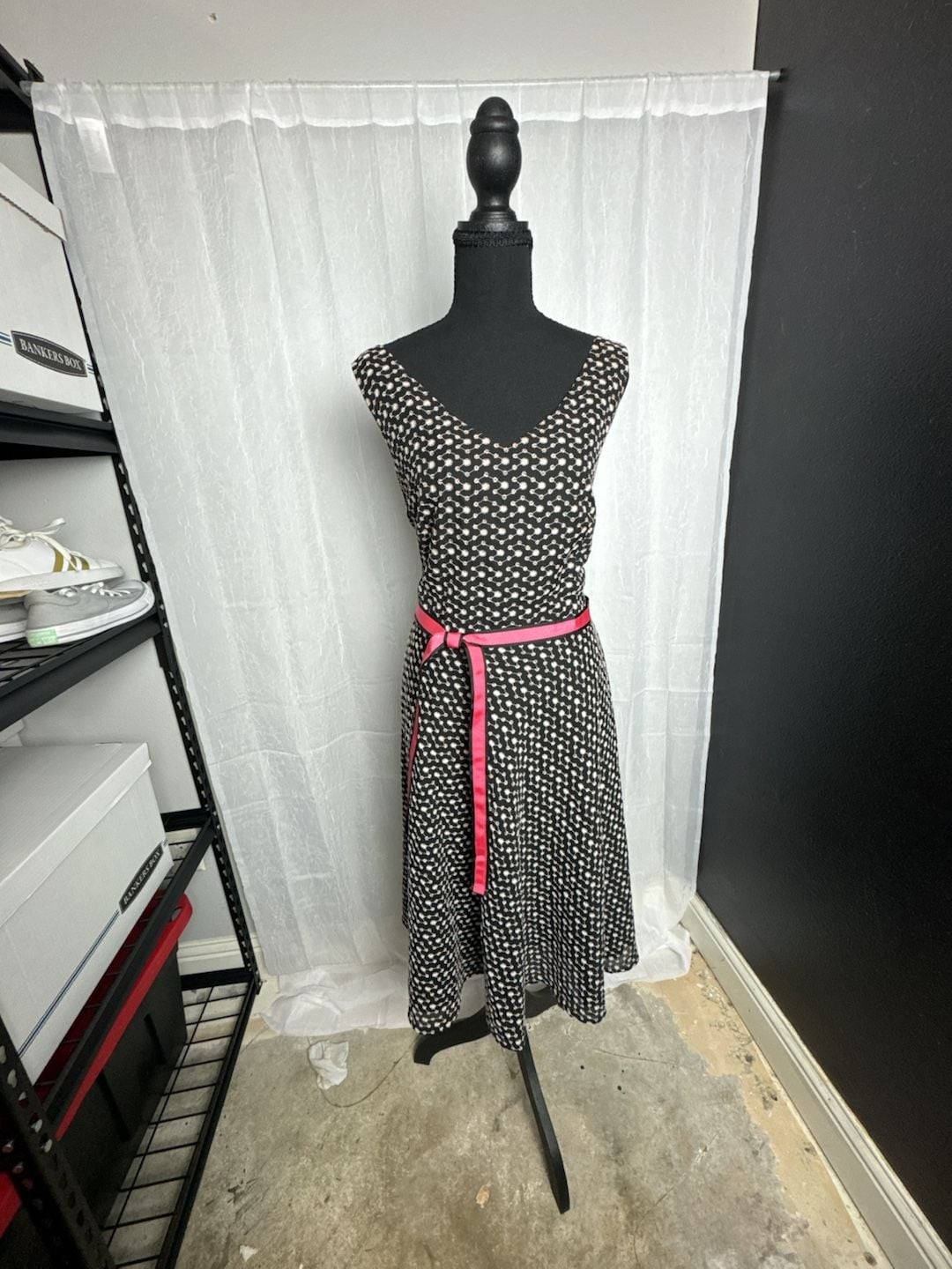 Tahari Arthur S. Levine Black and White Floral Embroidered Midi Dress with Pink