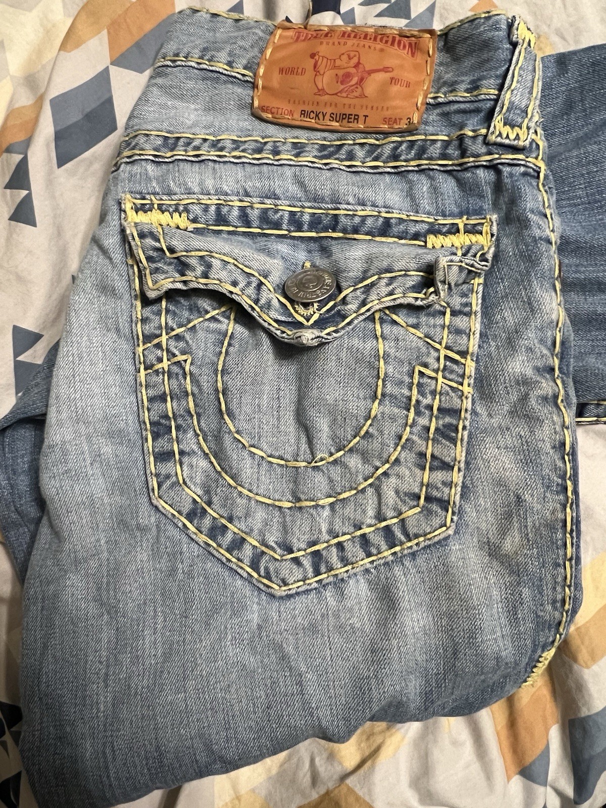 True Religion Ricky Super T Straight Leg Jeans Big Stitch Flap Pockets Size 32