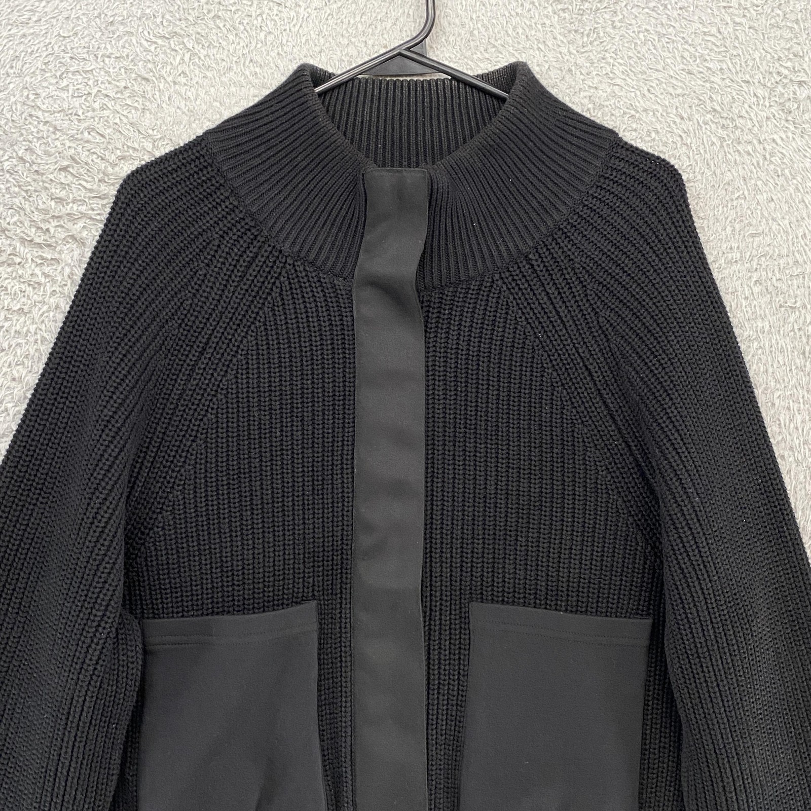 Varley Sweater Jacket Womens XS Delfern Black Rib Knit Funnel Neck Patch Pockets