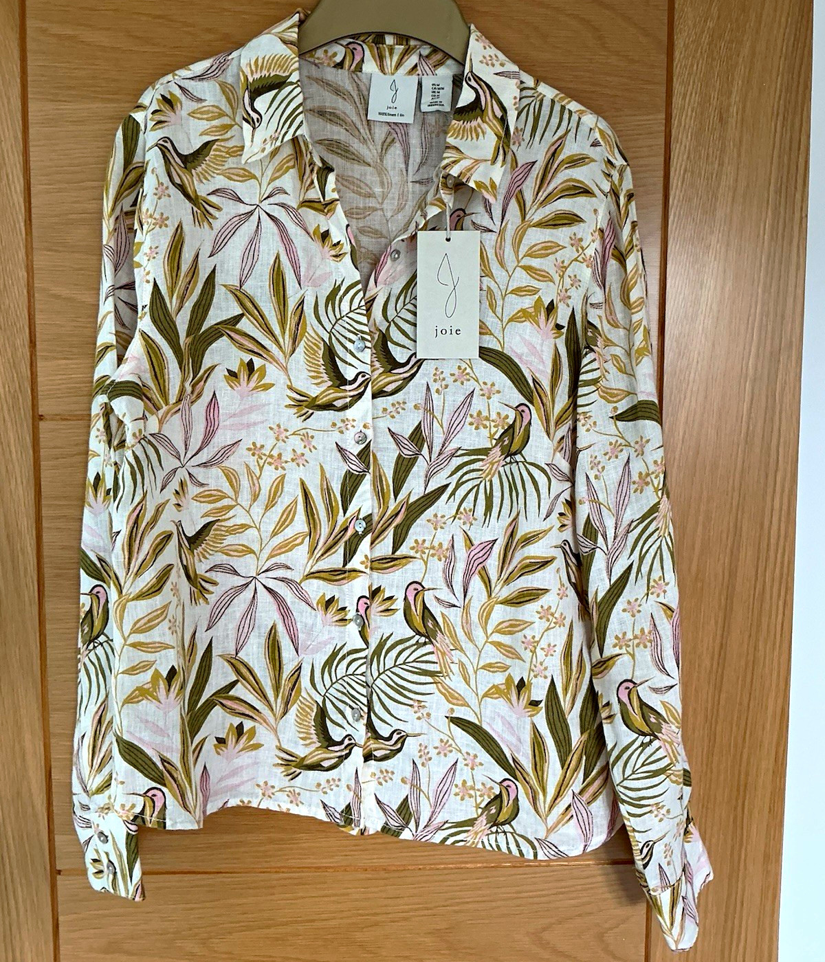 Joie 100% Linen White Floral Bird Print Collared Long Sleeve Button-Up Shirt L