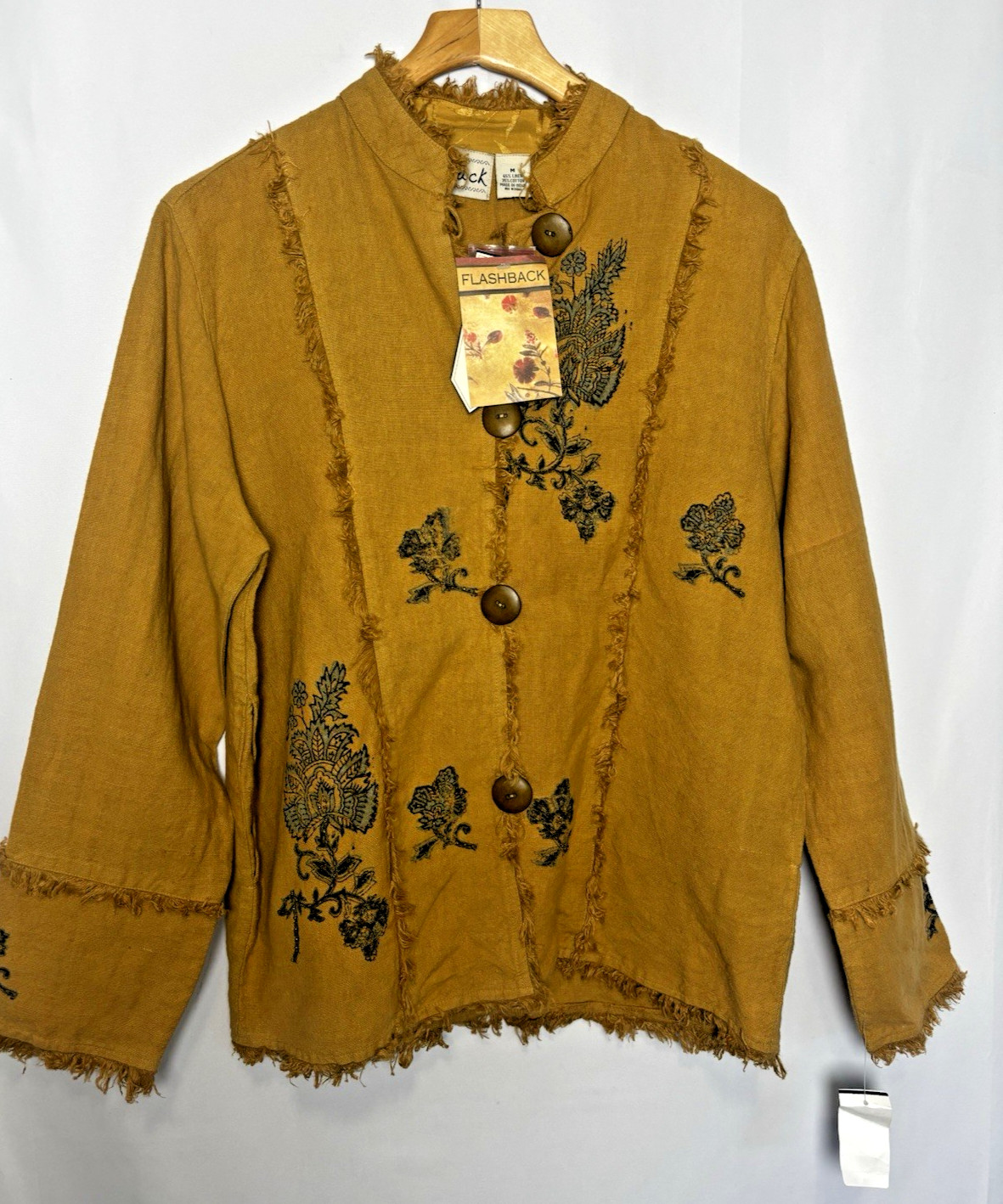 Flashback 90s Linen Blazer Blouse Yellow Floral Embrodery Fringe MEDIUM Boho