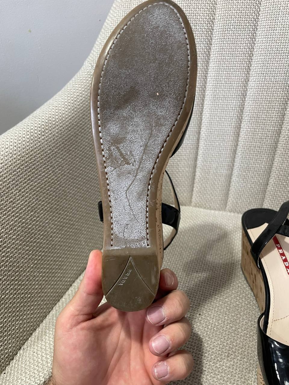 Prada Black Patent Leather and Cork Wedge Sandals Size IT 37 US 7