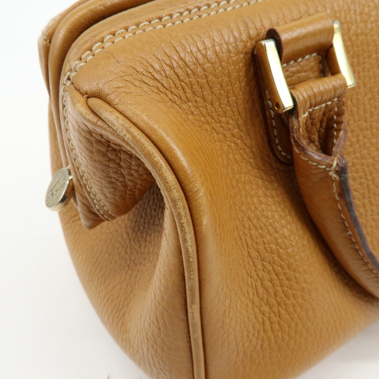 FENDI FF Logo Leather 2Way Bag Hand Bag Boston Bag Camel Authentic Used F/S