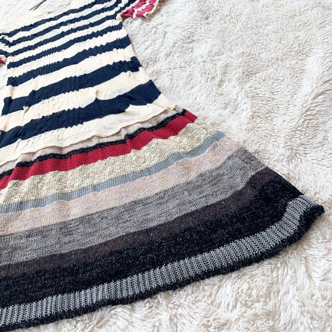 M.&KYOKO Silk Blend Short Sleeve Striped Knee Dress Size 1 Ivory Navy Pink Auth
