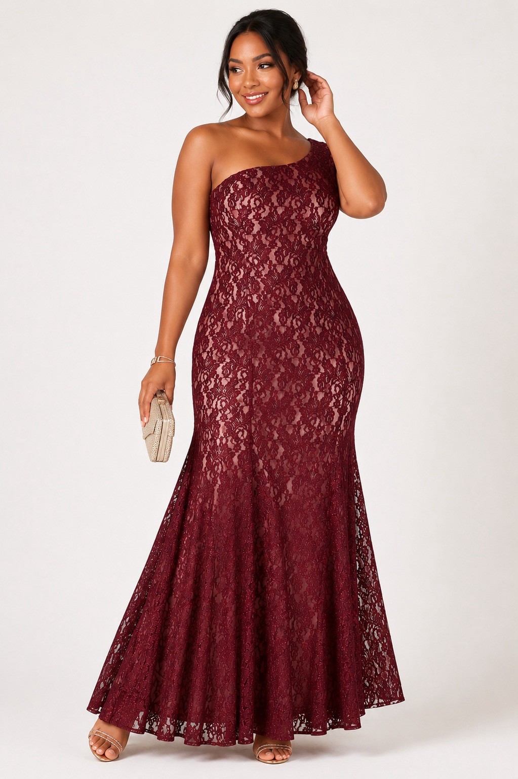 Nightway Burgundy Floral Lace One Shoulder Sleeveless Long Formal Gown 16W