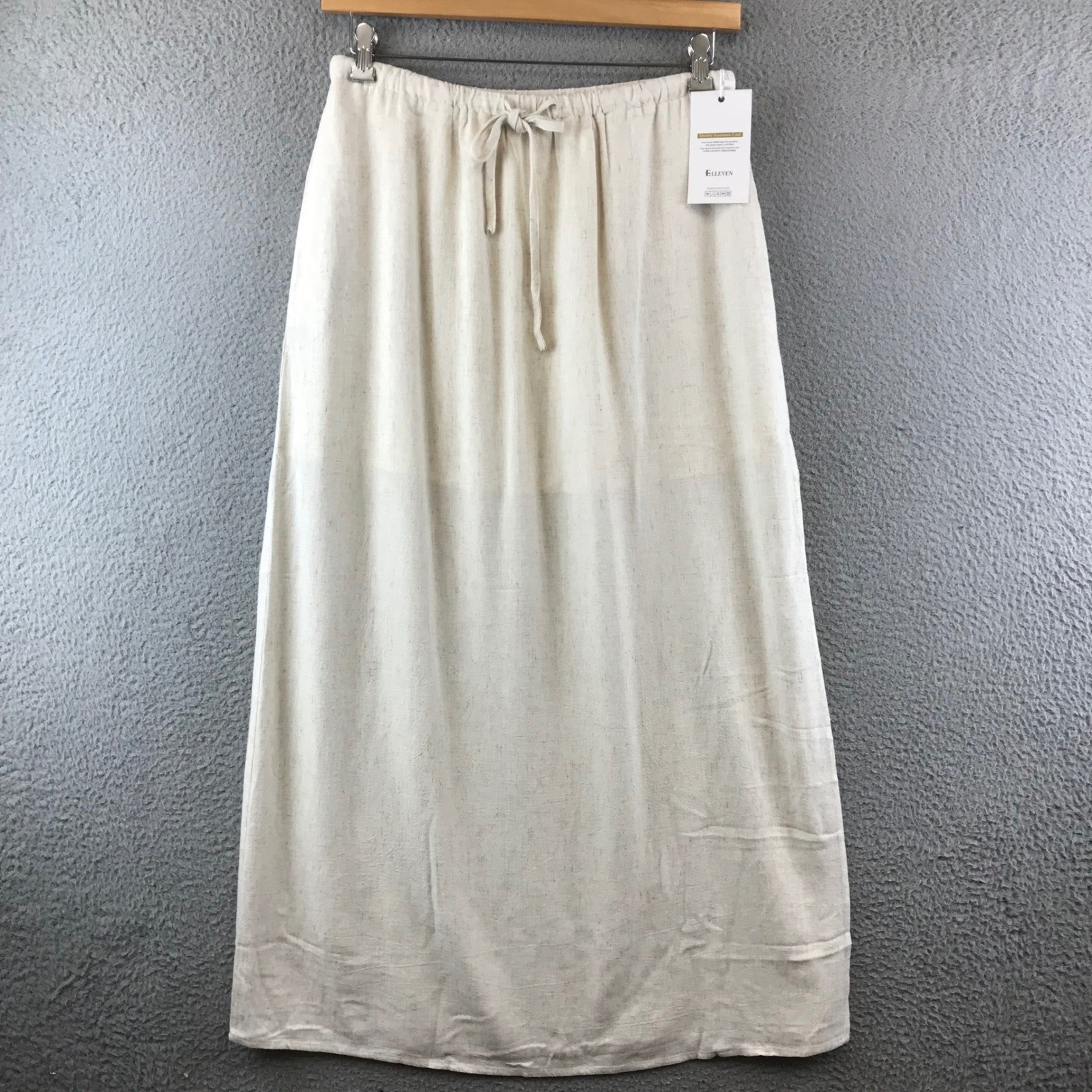 New ELLEVEN Beige Linen Blend Maxi Skirt Drawstring Waist Casual Everyday L