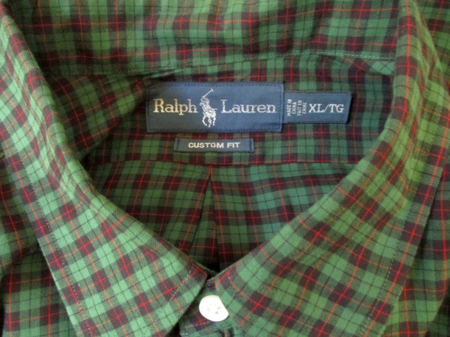 Ralph Lauren Custom Fit Button Down Shirt Mens XL Green Tartan Plaid Red Pony