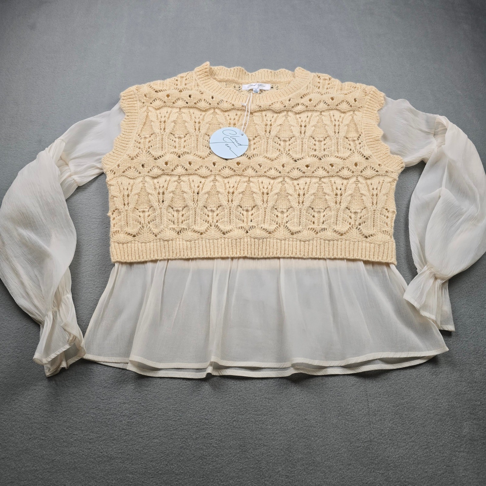 Cloud Ten Womens Mixed Media Knit Sweater Top Cream White CSW11746A Small NWT