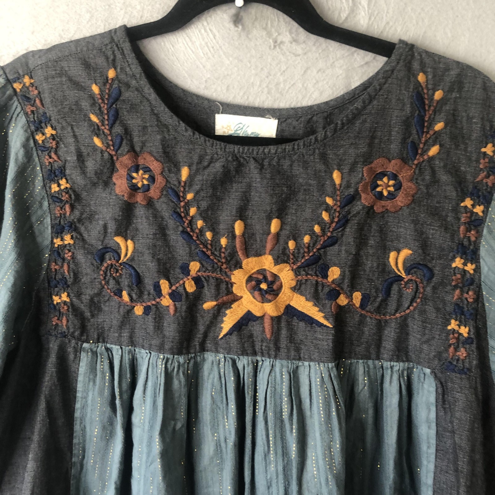 Celestial Top Womens XL Blue Embroidered Puff Sleeve Boho Peasant Festival