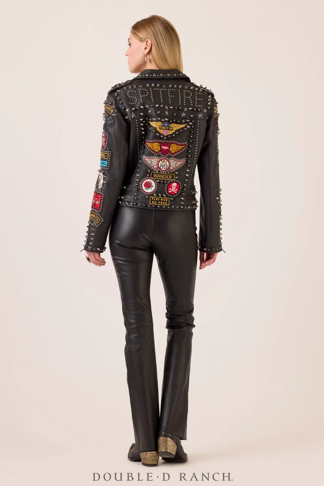 Double D Ranch Angels on Horseback Biker Jacket Embellished Black Leather Size M