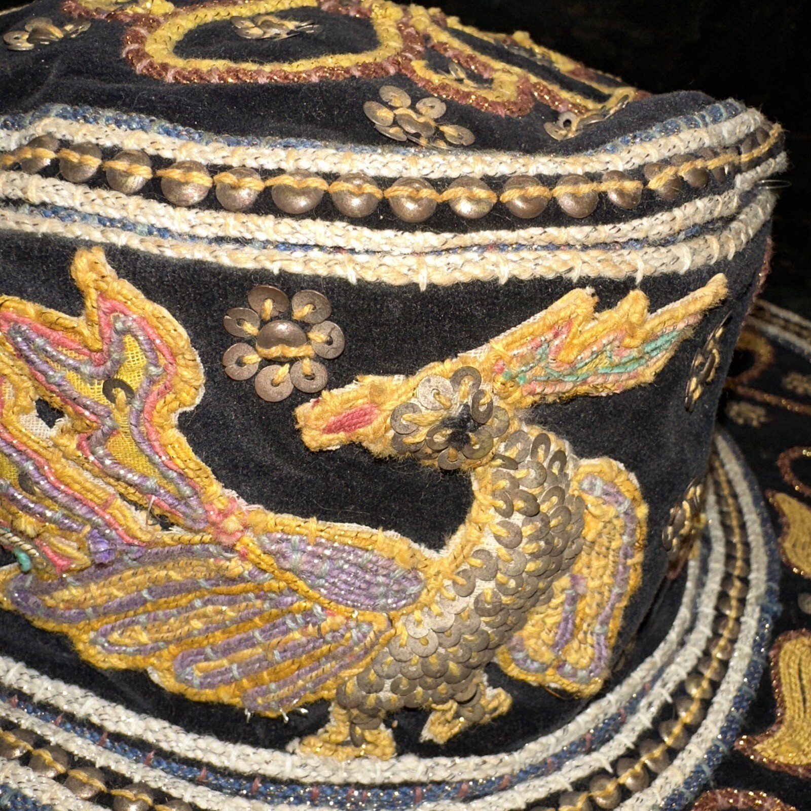 Vintage Myanmar Burmese Burma Kalaga Floppy Boho Hat Phoenix Sequins Embroidery