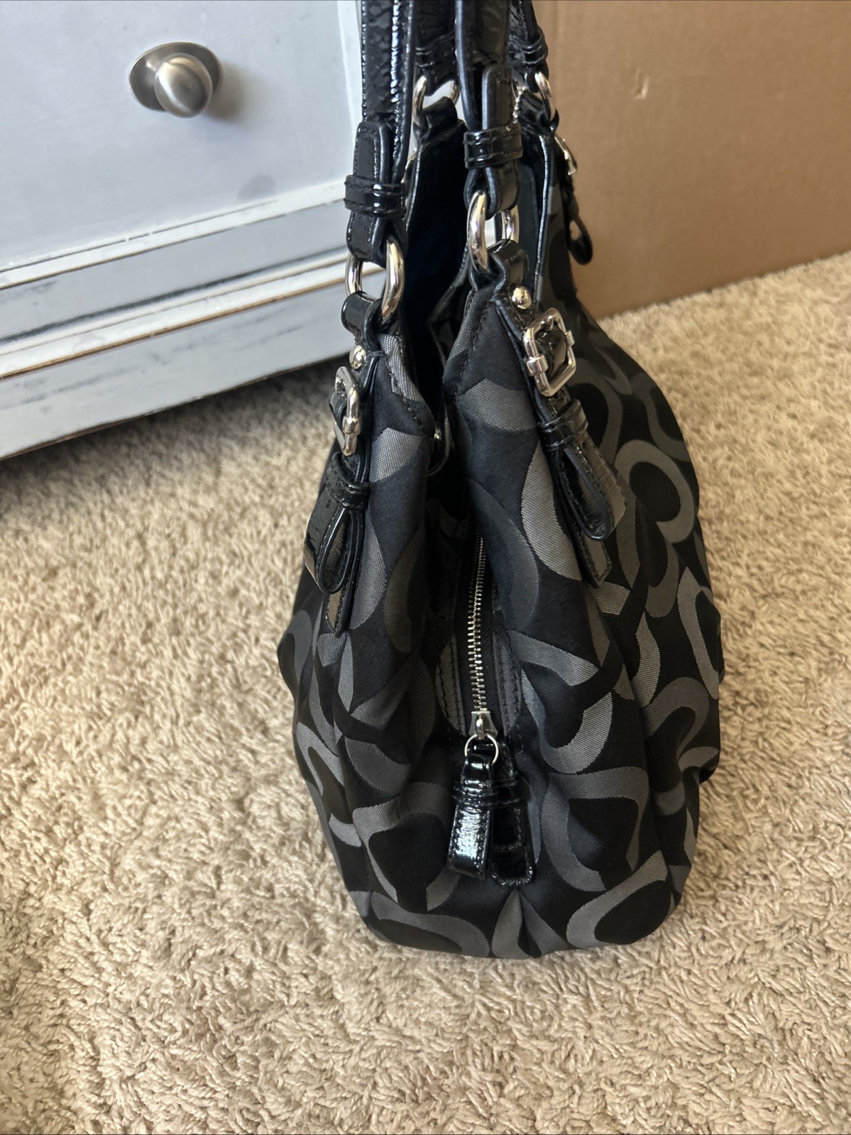 COACH C1276-20244 Madison Tote Black Patent Leather Canvas Blue Sateen Interior