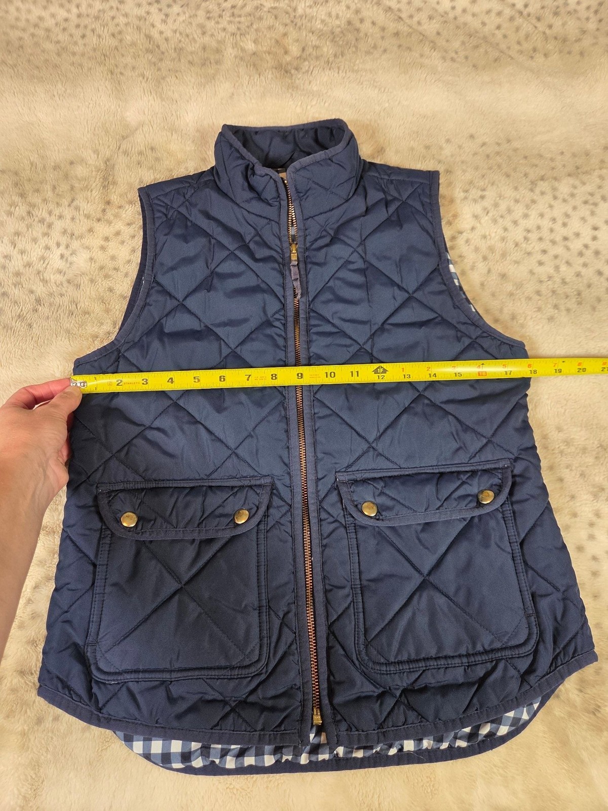 J.Crew Navy Blue Quilted Excursion Vest with Gingham Lining Size XS