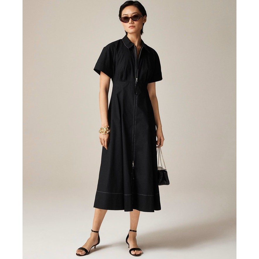 J.Crew Zip Up Shirtdress Womens 6 Black Midi Short Sleeve A-Lined Cotton Poplin