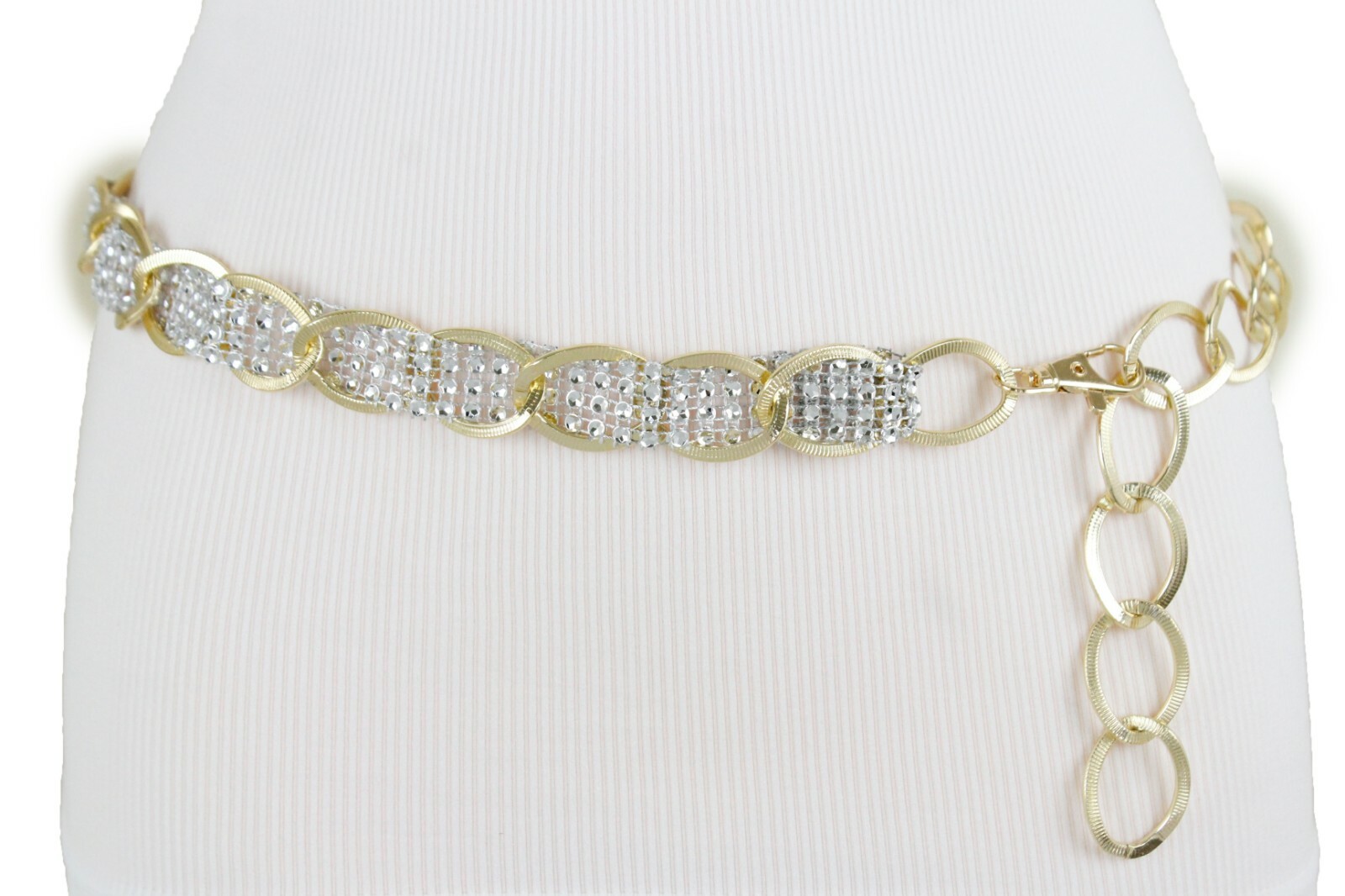 Women Gold Color Metal Chain Fashion Belt Silver Mesh Fabric Bling Beads XS S M