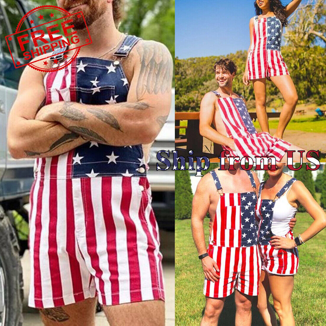 ON SALE!! Overalls USA America Flag Print Bib Pants Jumpsuit Romper Shorts