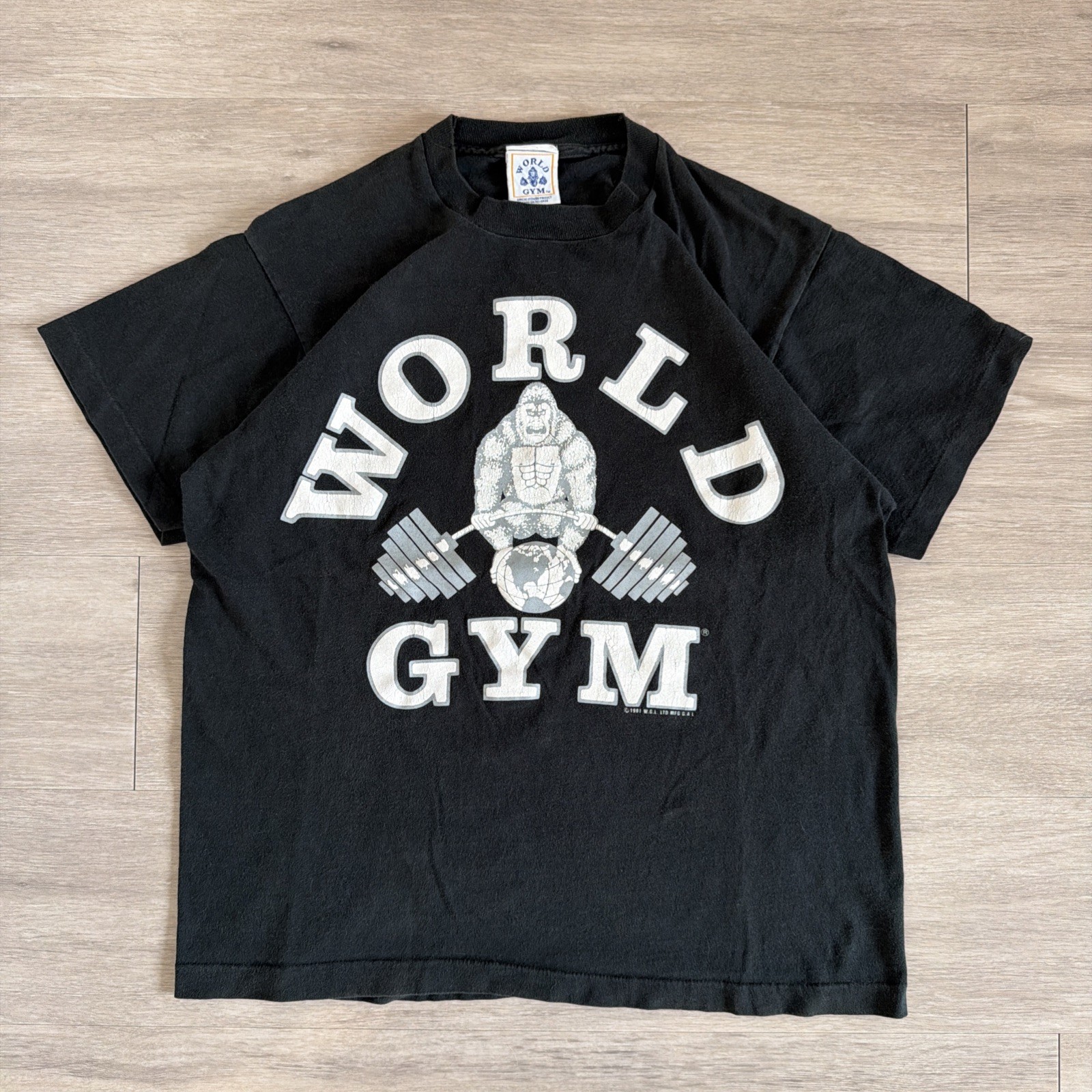Vintage World Gym Shirt Mens M/L Black 90s Weight Lifting Workout Gorilla USA