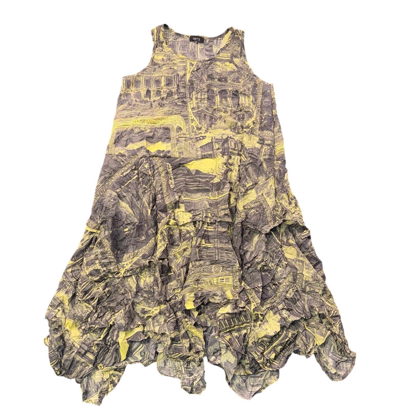 Comfy USA Renaissance Architecture Sketch Print Tiered Ruffle Tank Midi Dress XS