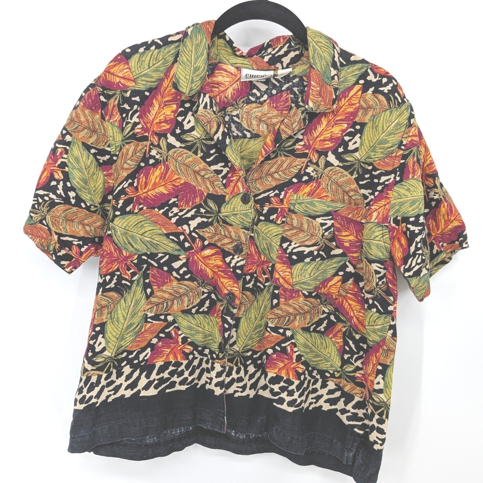 Chics Vintage Linen Button Up Top Women Medium Tropical Leaf Animal Print Shirt