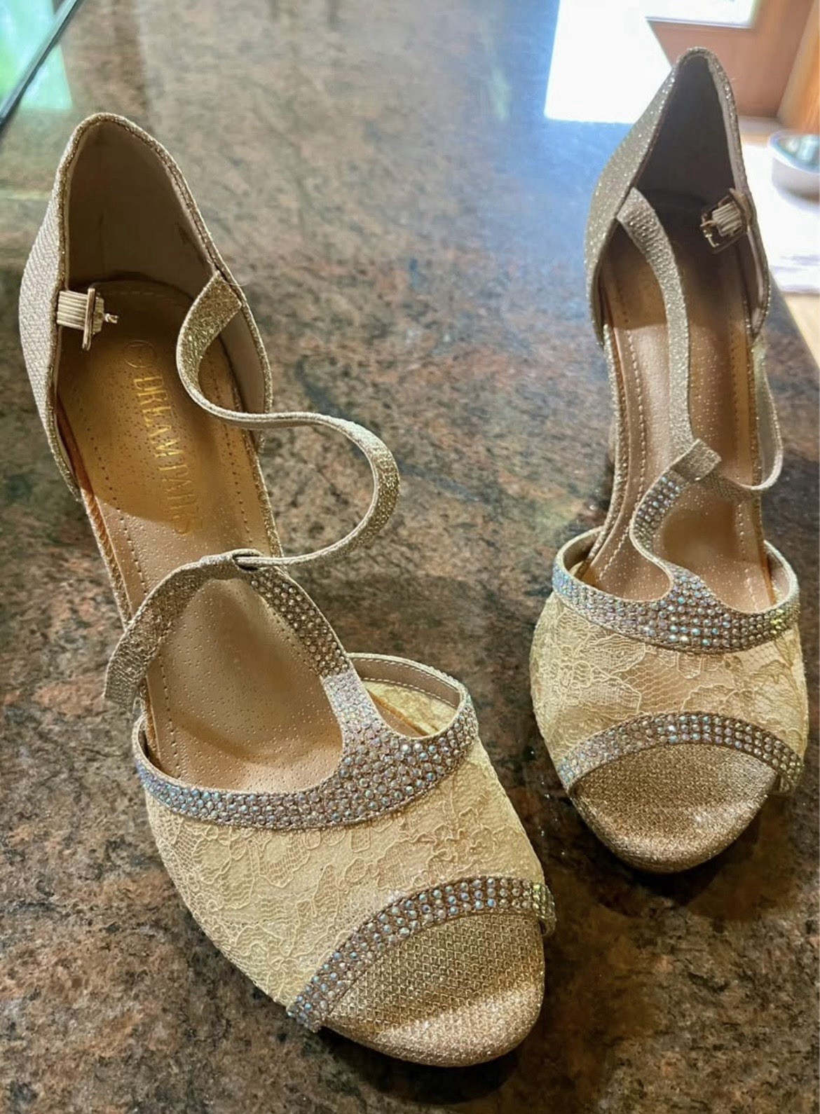 Dream Pairs Women’s Gold Strappy Peep Toe Stiletto Heels Rhinestone 7