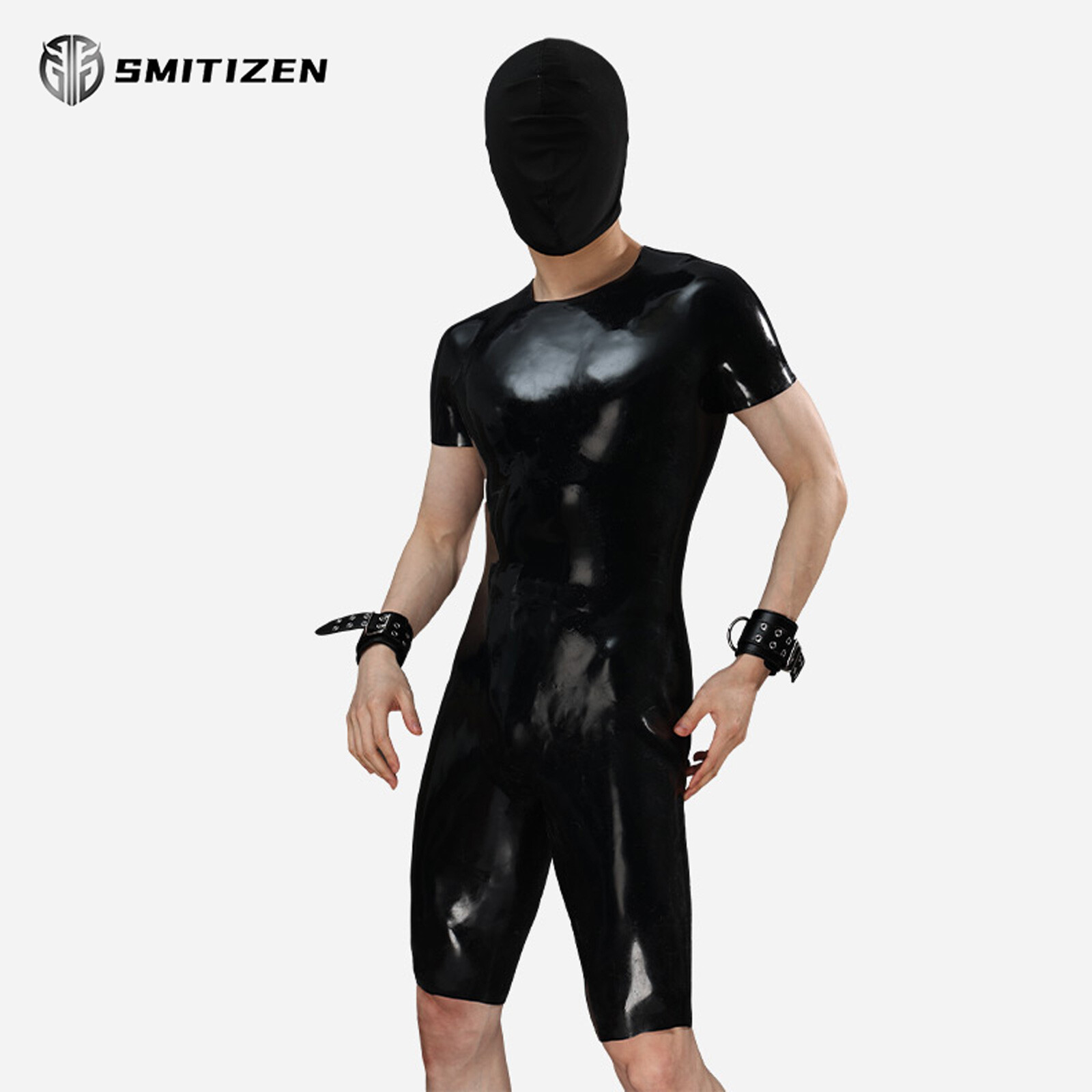 Smitizen Neck Entry Short-sleeve Silicone Half Catsuit Tight Glossy Suit for Gay