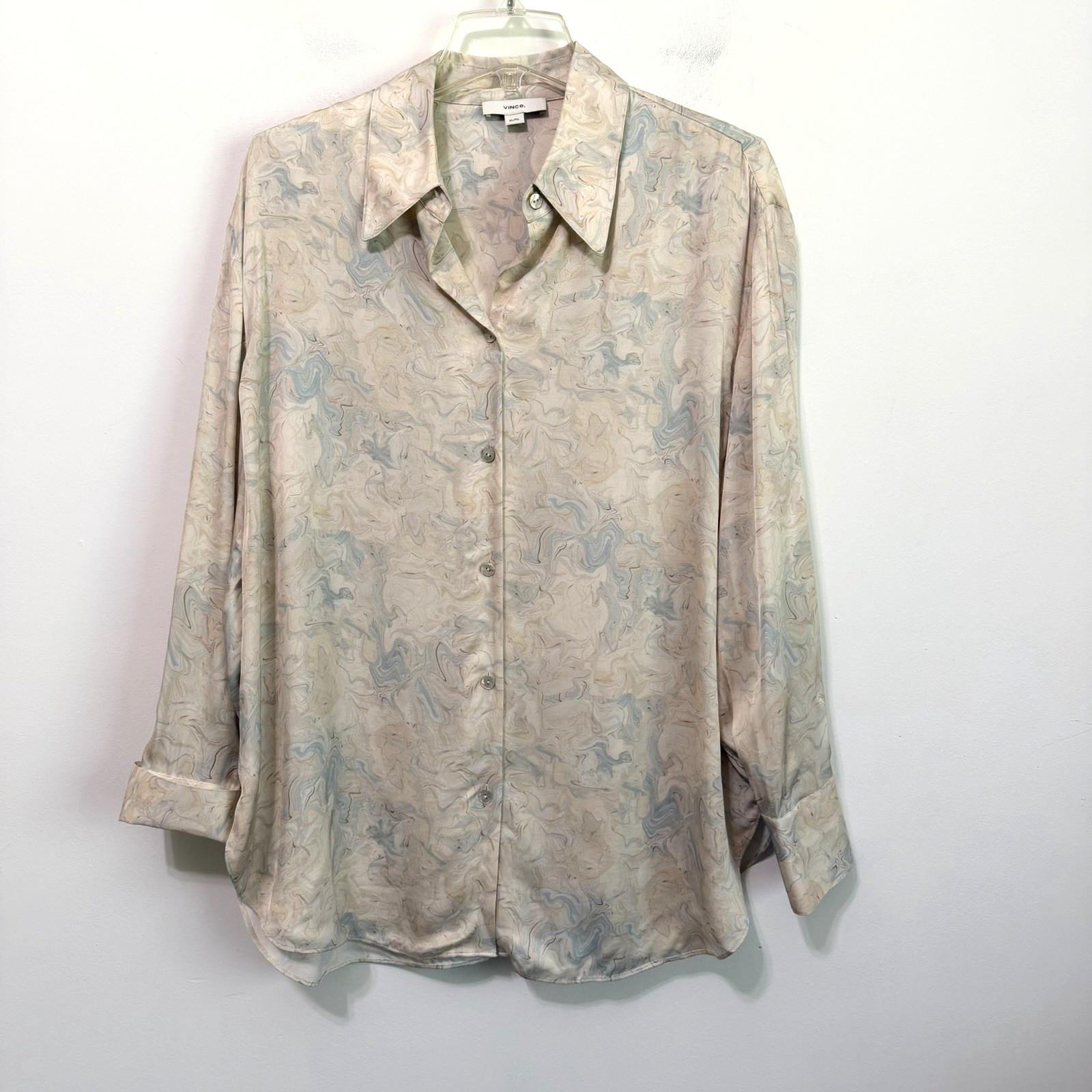 Vince Marble Print Blouse XL Relaxed Button Front Long Sleeve Party Career Top