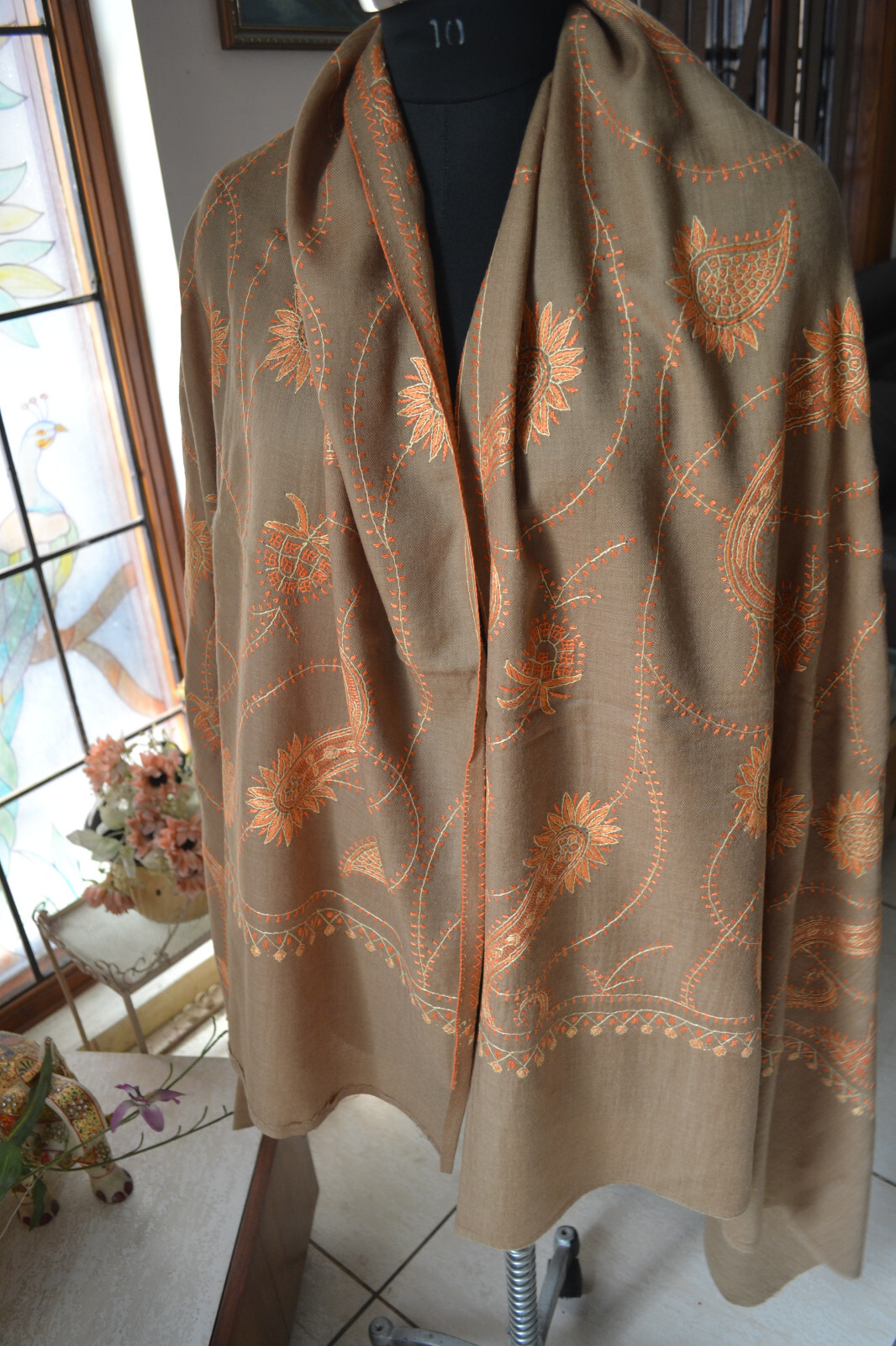 Camel pestel MICRO JAAL KASHMIRI EMBROIDERY SHAWL ~ 100% CASHMERE PASHMINA