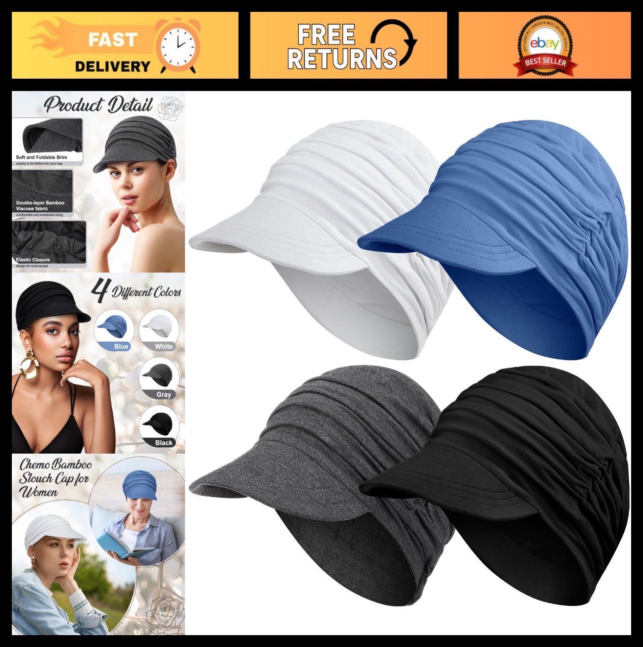 4 Pcs Women’s Soft Chemo Hats – Breathable Bamboo Baseball Cap & Slouch Viscose