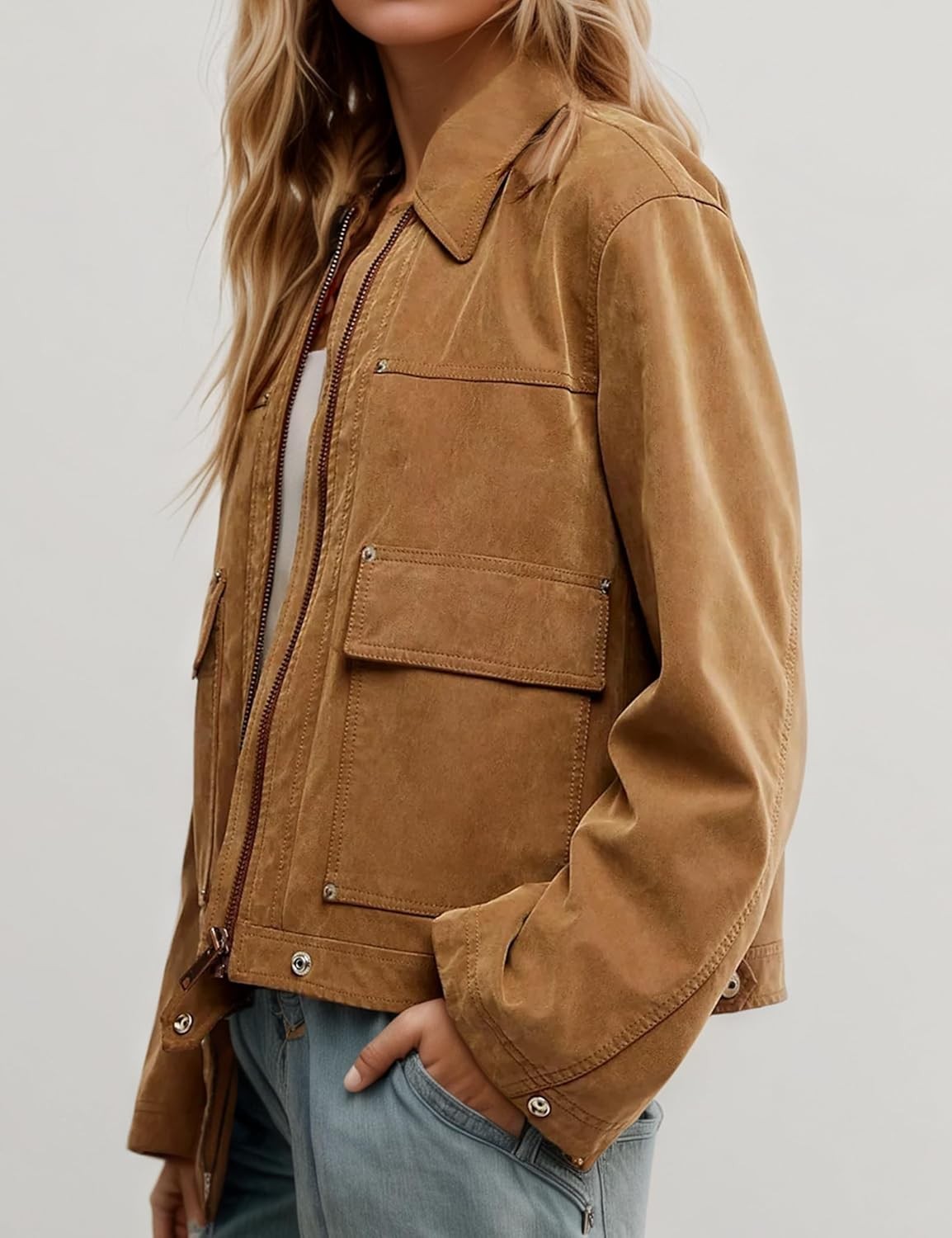 Women Vegan Suede Bomber Lightweight Cropped Jacket Loose Lapel, Size Large